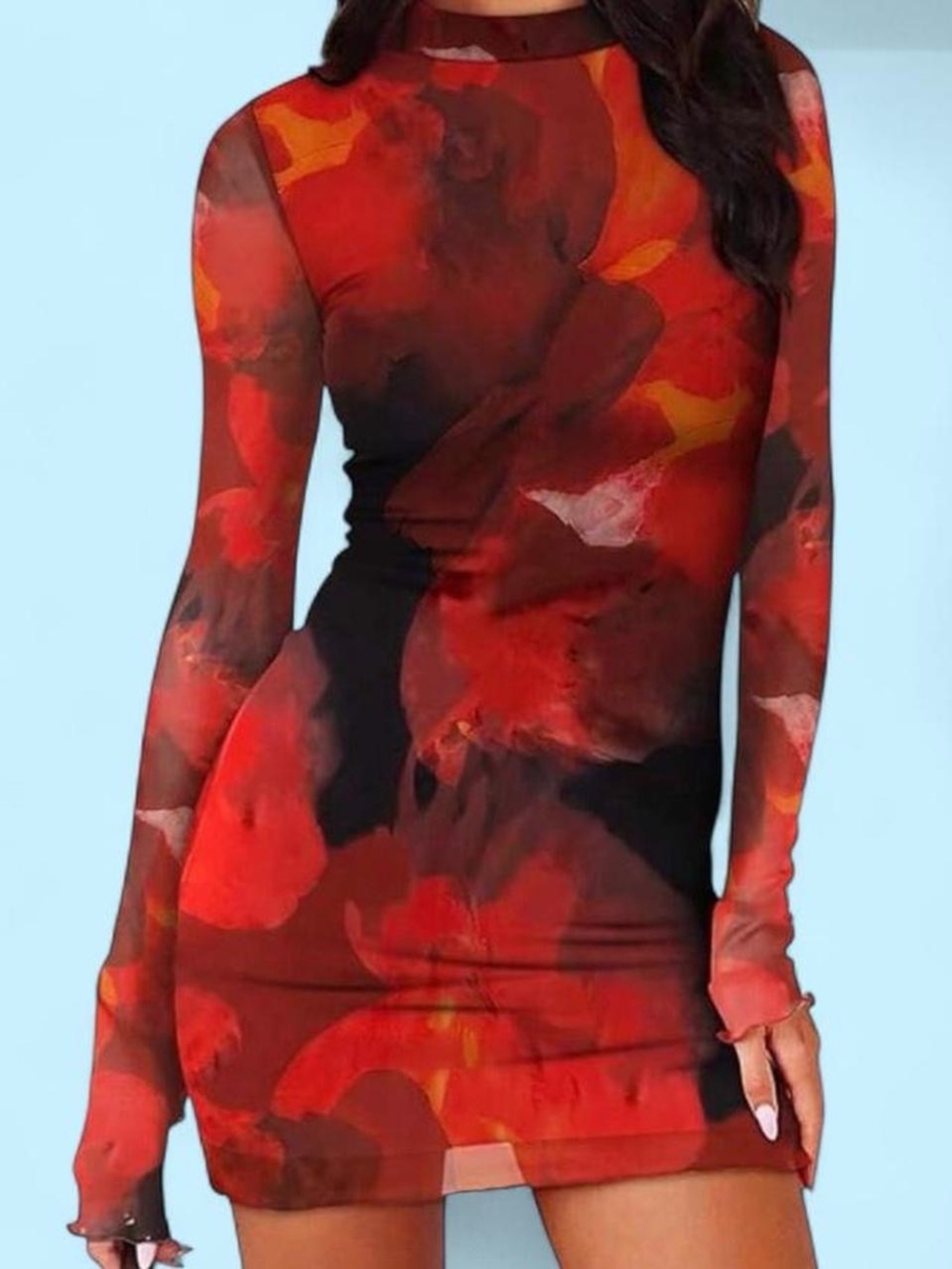 Red Floral Long-Sleeve Bodycon Dress Size Medium